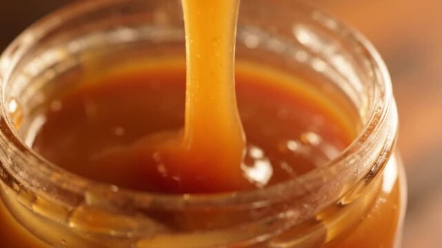 Closeup of a spoon lifting thick, smooth caramel sauce from a glass jar