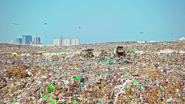 Bulldozer pushing through piles of waste in a dump yard while workers around