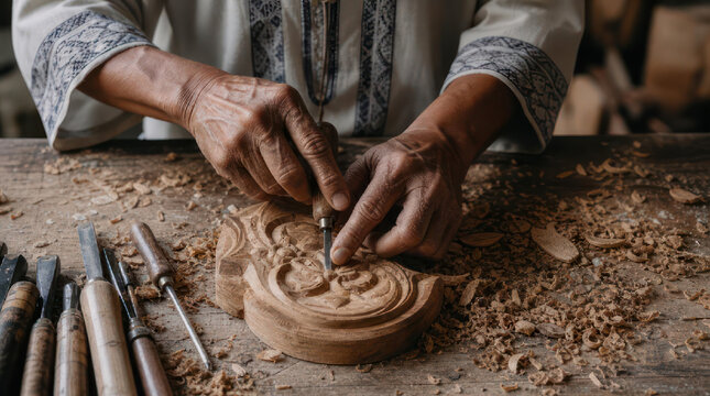 Hands of a skilled craftsman carving wood with precision tools.
