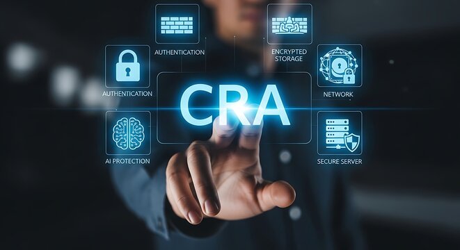 A hand touching a digital screen with cra cybersecurity representing network, ai protection, and secure server data encryption