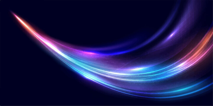 Abstract colorful light streak on a dark background, digital illustration of light trails and energy flow, conveying motion and dynamism.