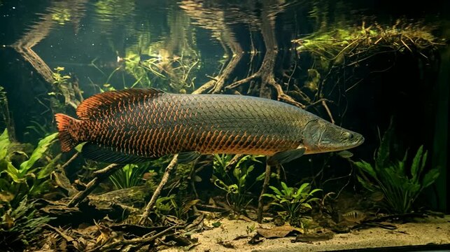 arapaima fish underwater swimming in amazon river basin video