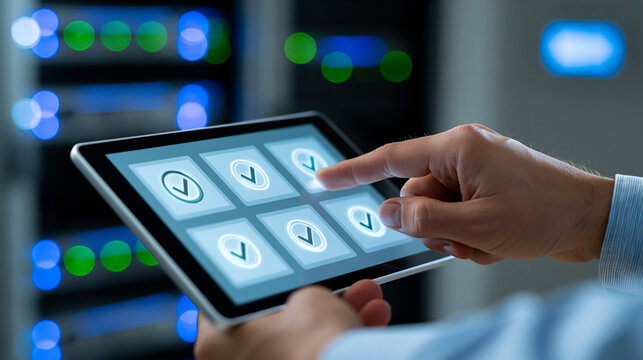 Close-up of faceless professional touching a glowing digital certification dashboard on a tablet, quality management system icons with approval checkmarks, defocused server room