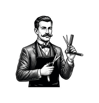 Vintage engraving vector illustration of a barber man holding grooming tools in a classic service pose, barber, man, scissors,