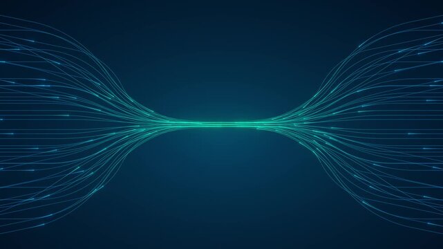 Abstract glowing cyan and blue data lines flowing from both sides and converging at a bright center point on dark navy background. Technology concept for data transfer, fiber optic, network