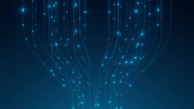 Abstract glowing cyan data streams flowing downward and converging at center on dark blue background. Technology concept for AI data collection, neural network input, bigdata pipeline, and digital