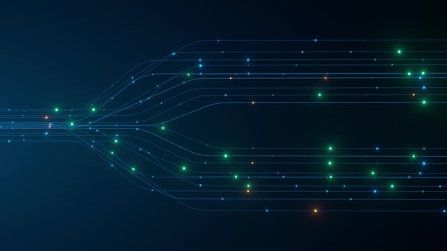 Abstract glowing cyan and blue data lines flowing from both sides and converging at a bright center point on dark navy background. Technology concept for data transfer, fiber optic, network