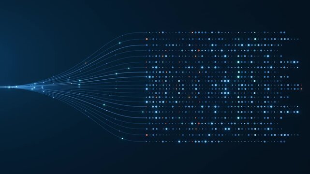 Abstract data lines branching from single point and dissolving into a glowing dot matrix grid on dark blue background. AI and bigdata visualization concept for machine learning, dataset, and digital