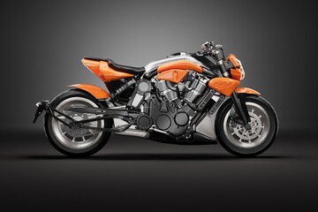 Obraz premium Side view of modern orange cruiser motorcycle isolated on dark background, professional studio 3D render with realistic details.