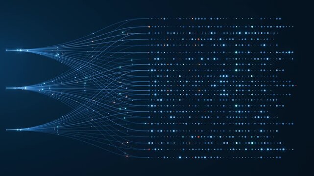 Three data source points on the left branch into crossing lines and expand into a full dot matrix on dark blue background. AI neural network layer concept for deep learning, parallel processing, and