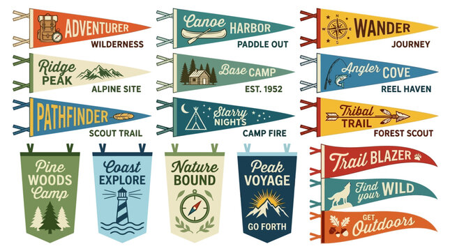 Set of vintage adventure and travel pennants with outdoor and nature themes