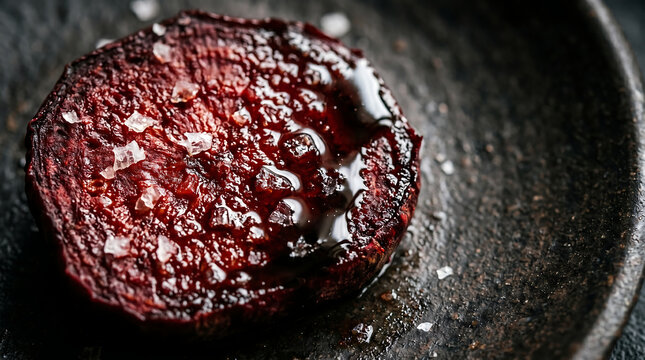 Roasted beetroot slice seasoned with sea salt flakes and olive oil on a dark rustic textured plate showing detailed macro food textures
