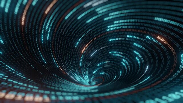 3D render of a spiral tunnel made of glowing binary code in teal and orange on dark background. Abstract digital vortex concept for cybersecurity, coding, data encryption, AI, and technology design.