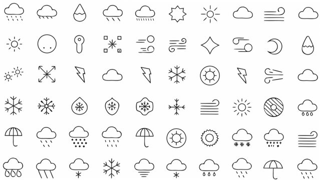 weather icons grid line art black and white cloud rain sun snow thunder umbrella wind fog forecast symbol pictogram vector illustration