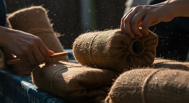 Hands winding jute rope from large spools for crafting or packaging with crafting, material