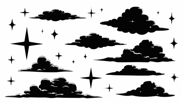 solid black cloud shapes and stars on white background silhouette vector illustration pattern sky weather astronomy cosmic celestial nature design graphic