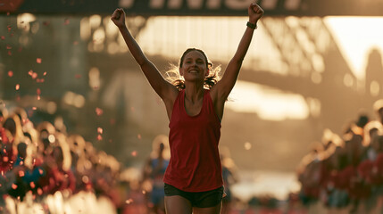 Fototapeta premium Female Runner Crossing Sydney Marathon Finish Line, Arms Raised in Victory, Golden Hour