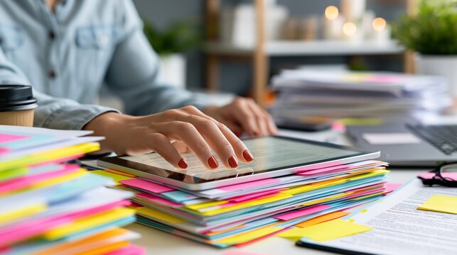 Medium shot of a bilingual title agent verifying digital closing documents on a tablet surrounded by colorcoded sticky tabs and notarized papers on a bright homeoffice desk