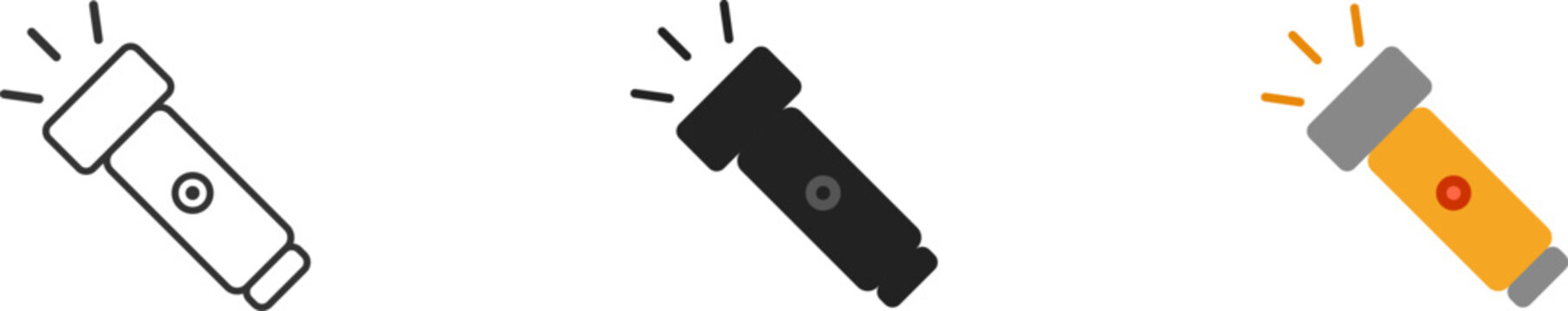 Collection of three orange flashlight icons in outline flat and filled styles for outdoor equipment and safety