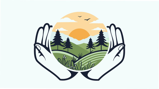 two hands cupping a miniature landscape vector illustration hand silhouette scene nature trees sunset birds environment ecology scenic view outdoor graphic