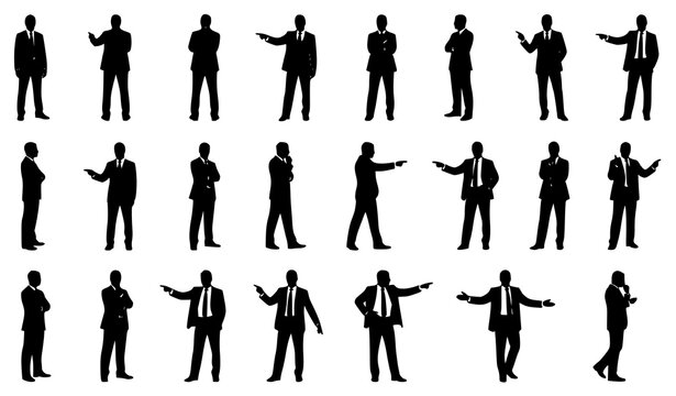 Businessman Pose Reference Silhouettes with Front Rear Side and Action Views Vector Collection