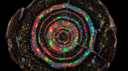 Fototapeta premium Opal gemstone displays vibrant concentric rings of iridescent color patterns against a deep black background which highlights the intricate mineral structure and natural beauty of this rare fossil.