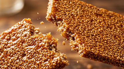 Obraz premium Macro dynamic action shot of a crunchy golden sesame seed bar being snapped in half with tiny flying crumbs over a warm blurred wooden background