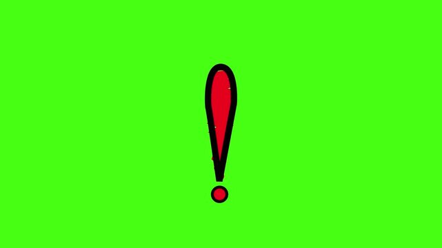 Cartoon exclamation mark animation appearing on green screen. Hand drawn alert, warning, or shock icon for overlay video.