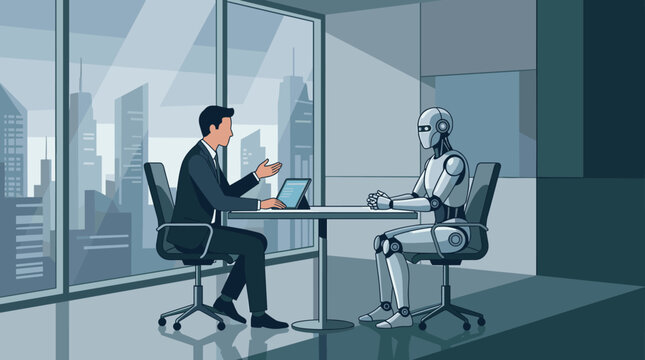 Business person sitting across from humanoid robot in a modern office interview scene, robot, business, interview, office, person,