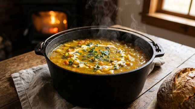 Hearty vegetable soup simmering in a cast iron pot with a warm fireplace in the background and crusty bread on the side