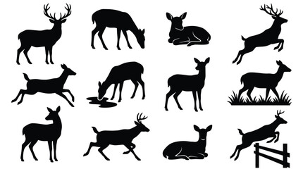 Fototapeta premium Deer Silhouette Set – 12 Poses Black Vector Clipart Hunting Collection