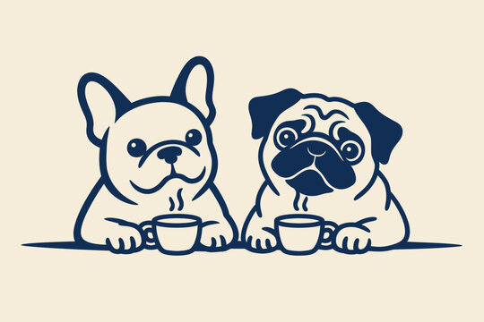 Cute french bulldog and pug drinking coffee together outline sketch vector illustration