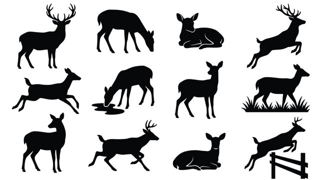 Deer Silhouette Set &ndash; 12 Poses Black Vector Clipart Hunting Collection