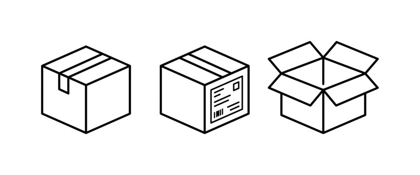 Cardboard box icon set with closed parcel, labeled carton and open shipping box in clean outline style, box, cardboard, parcel,