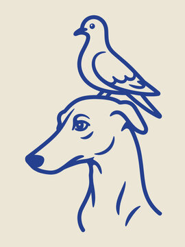 Minimalist line art illustration of a greyhound dog with a bird perched on its head outline sketch vector illustration