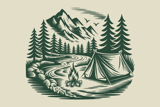 Vintage camping scene with tent and campfire in mountain landscape outline sketch vector illustration