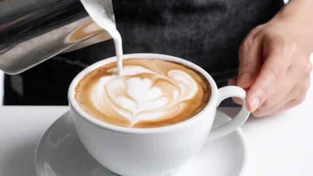 Barista pouring steamed milk into a cup of coffee to create latte art
