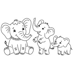 Cute baby elephants cartoon illustration, kawaii elephant family group line art for kids coloring page © Jamper