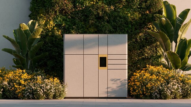Modern smart parcel locker station integrated into a lush green wall with tropical plants and vibrant flowers in a contemporary outdoor setting