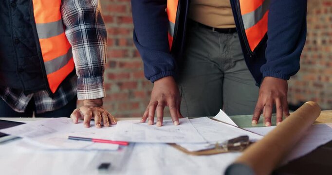 Meeting, hands or people with blueprint at construction site, expansion planning or schematic update. Property development, architect or team with engineering for infrastructure, renovation or review