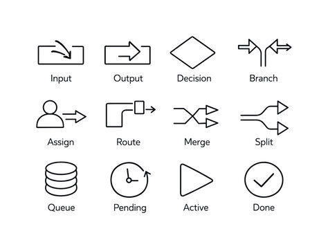 Collection of simple line icons representing workflow and process steps