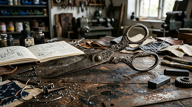 Cluttered workshop with tools and debris on the floor illustration