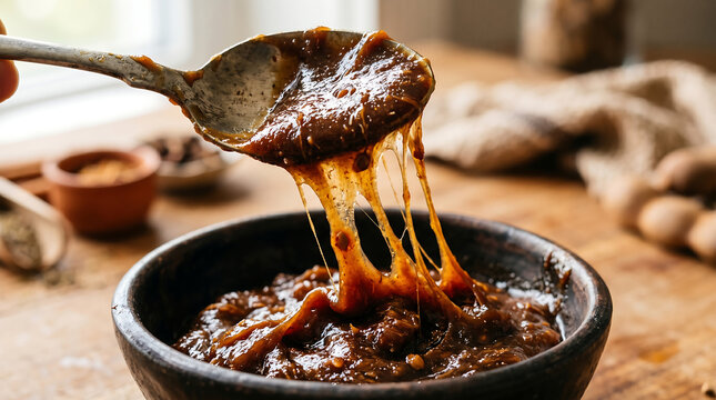 Extreme macro shot of thick sticky tamarind paste or sweet caramel sauce stretching from a metal spoon into a dark rustic ceramic bowl on a wooden kitchen table