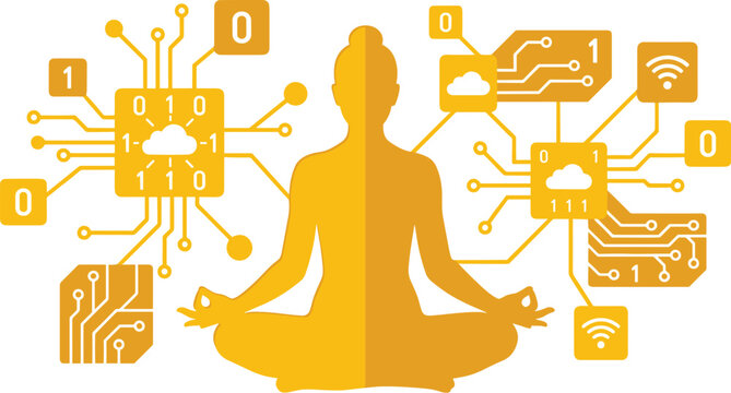 Minimalist Golden Yoga Silhouette Surrounded By Digital Circuitry And Binary Code Data Connections