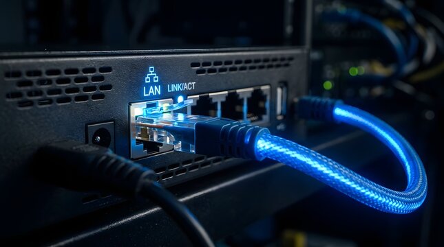 Glowing blue ethernet network cable plugged into router LAN port with bright fiber optic light connection showing high speed internet data transfer and computer networking technology concept closeup