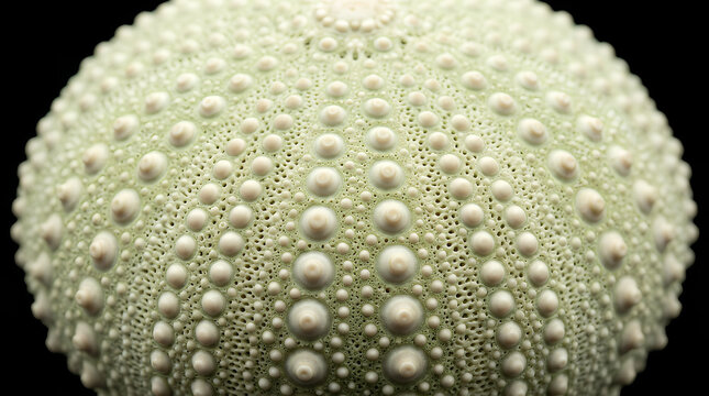 Sea urchin shell exhibits a spherical geometry covered in intricate white bumps and radial patterns, resting against a solid black background to emphasize its unique biological texture and form.