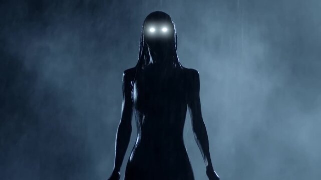 Mysterious figure with glowing eyes emerging from mist in eerie atmosphere