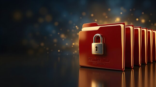 Red file folder secured with a glowing padlock standing in front of a row of folders on a dark background, symbolizing data security, file protection, privacy and confidential information encryption