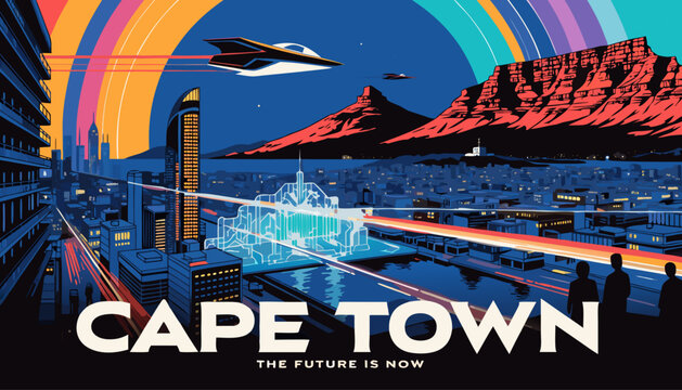 Very beautiful Cape Town cyberpunk poster featuring futuristic waterfront districts, glowing holographic architecture, neon-lit urban landscapes, reflective streets, flying vehicles, and a dramatic