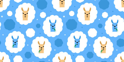 Seamless pattern with cute llamas on blue background. Childish vector illustration © Julia Bilevych